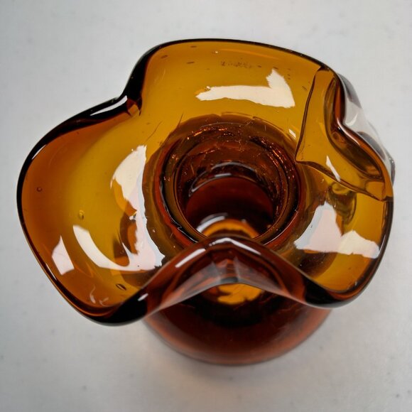 Crackle Glass Pitcher Brown Small Clear Handle Vase Collectible Art 3.75" Tall - Picture 12 of 15